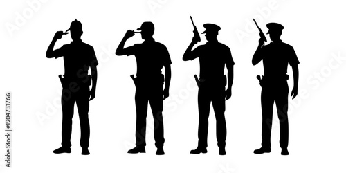 Four police officers in different saluting poses in silhouette against a white background Vector