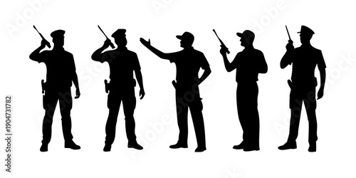 Five police officers in different poses with batons and hats Vector