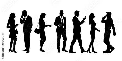 A diverse group of people walking and using their smartphones in a modern setting. Vector