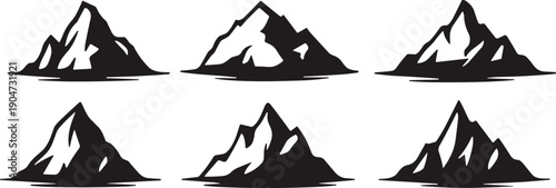Minimal mountain silhouette illustration set featuring abstract alpine peaks, rugged rocky landscapes, black vector icons, outdoor adventure nature symbols for branding, logos, posters,