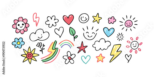 A vibrant collection of diverse and colorful stickers featuring hearts, stars, and various shapes Vector