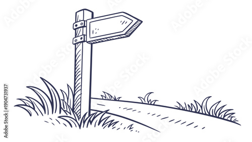 Hand drawn sketch of a wooden signpost pointing to the right along a path in the grass