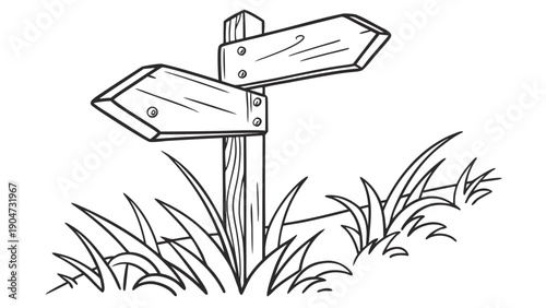 A hand drawn black ink sketch shows a wooden signpost with two arrows pointing in different directions surrounded by dense clumps of grass.