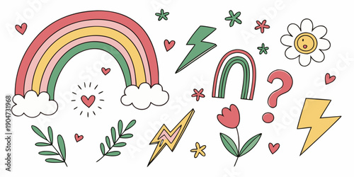 A whimsical illustration featuring a rainbow, unicorn, and various playful elements Vector