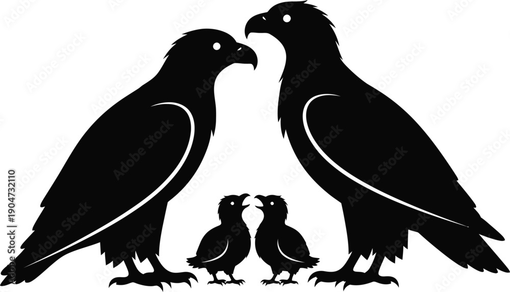 Obraz premium Silhouette of two adult birds and two chicks facing each other