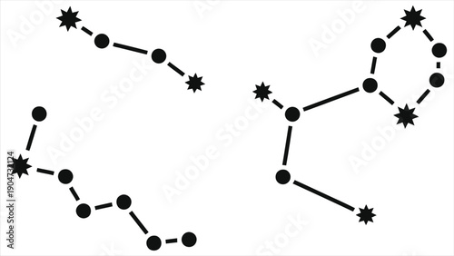 Minimalist zodiac constellation vector set with black star dot and line silhouettes on white background – astrological horoscope signs, celestial night sky pattern, mystical astronomy graphic 