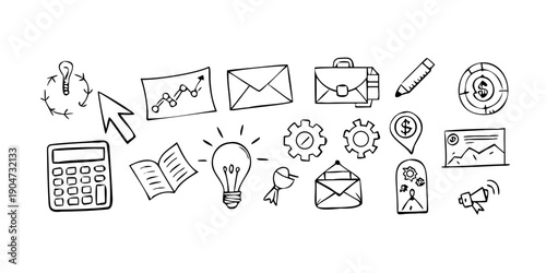 A collection of icons representing various office and business activities. Vector