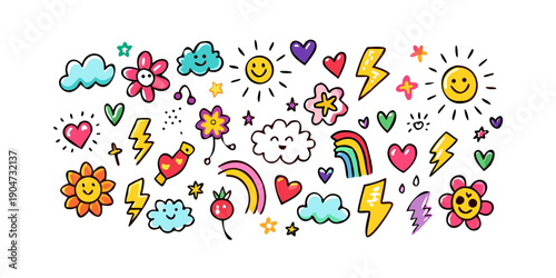 A vibrant and diverse collection of colorful emojis representing various objects and emotions Vector