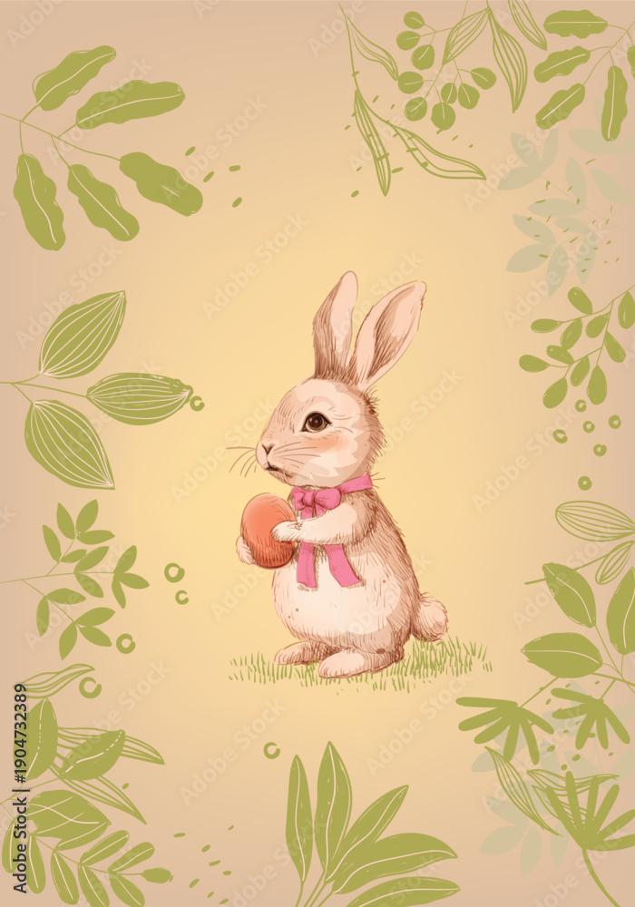Obraz premium Happy Easter holiday with cute hand drawn elements and symbols easter bunnies, decorated eggs, spring flowers vector illustration, poster, banner, template and background.