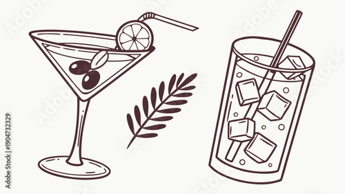Hand-drawn line art illustration of a martini with olives and a cold iced drink with a straw