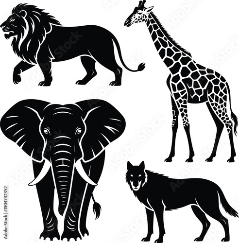 Black and white silhouettes of lion giraffe elephant and wolf