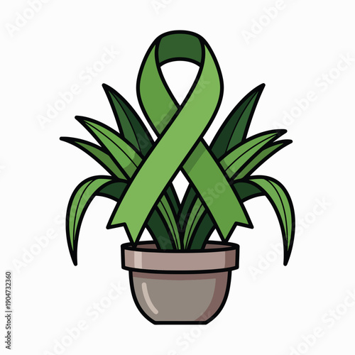 Symbolizing Hope and Growth A Potted Plant Adorned With a Green Awareness Ribbon Represents Support and Healing