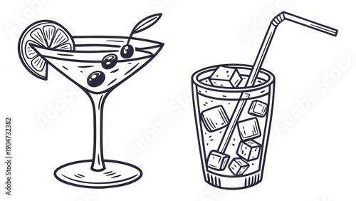 Hand drawn illustration of a martini with olives and a cold beverage with ice and a straw