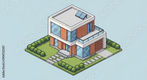 Modern Isometric House with Solar Panel and Garden.