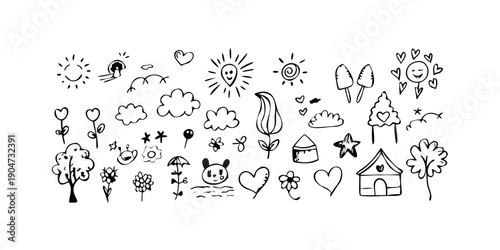 A delightful assortment of whimsical doodles featuring nature and love symbols Vector