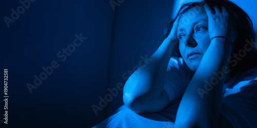 Fotografija Stressed woman in bed suffering from migraine and insomnia, female feeling headache and depression during sleepless night at home