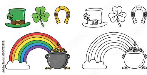 St. Patrick's Day vector set with rainbow, pot of gold, hat, clover and horseshoe. Color and outline illustrations for coloring book.