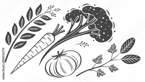 A hand-drawn black and white illustration of various fresh vegetables including broccoli and carrots