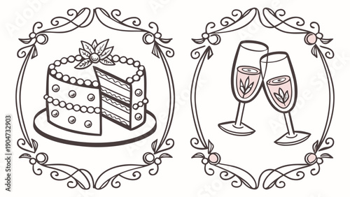 Elegant hand drawn illustration of a wedding cake and champagne glasses in floral frames