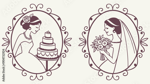 Whimsical hand drawn vintage illustrations of a bride with her wedding cake and bouquet