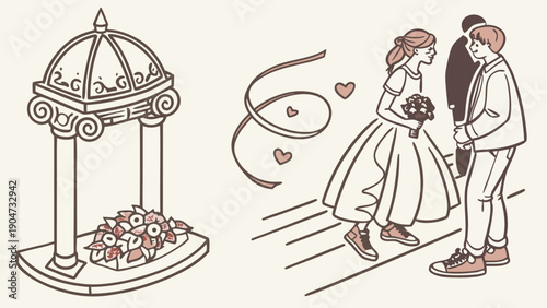 Hand drawn illustration of a wedding couple with a floral gazebo and floating hearts around them.