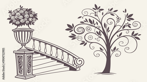 Hand drawn illustration of a vintage garden scene with ornate stairs, flower urn, and a curly tree.