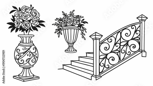 Elegant architectural sketch featuring ornate garden urns and a decorative staircase railing