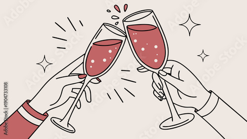 Two people clinking glasses of sparkling red wine in a celebratory toast illustration
