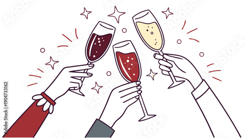 Line art illustration of three hands clinking glasses of red and white wine surrounded by decorative stars and bubbles on a white backdrop.