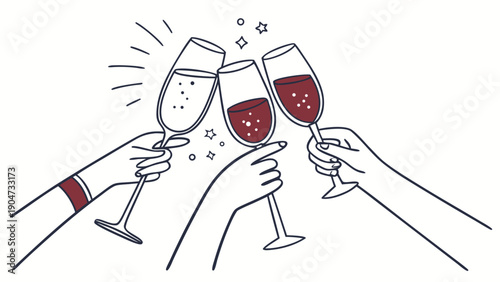 Three people clinking glasses of red and white wine in a celebratory toast illustration.