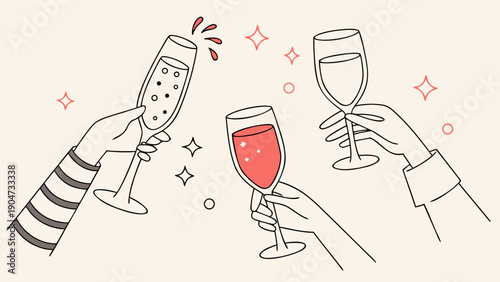 Three people holding wine glasses for a celebratory toast with sparkling stars around