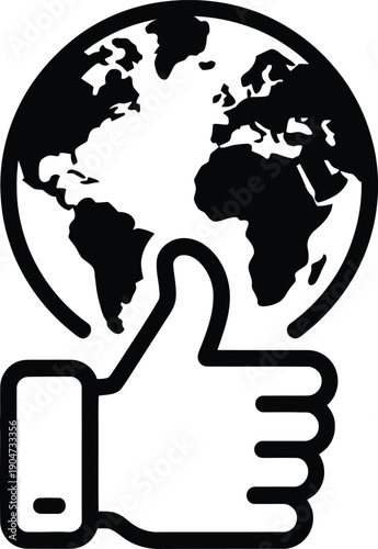 Global Approval Icon. Global Support Concept with World Map and Thumbs Up Icon . International approval, global success, environmental positivity, and world-wide customer satisfaction.