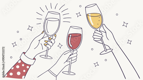 Three hands raising glasses of wine and champagne in a celebratory toast with sparkling details.