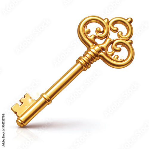 Ornate golden vintage key isolated on white background