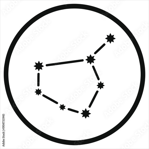 Black and white vector silhouette of a zodiac constellation with stars connected by lines inside a circular frame, minimalist astrology and astronomy celestial icon design on white background.