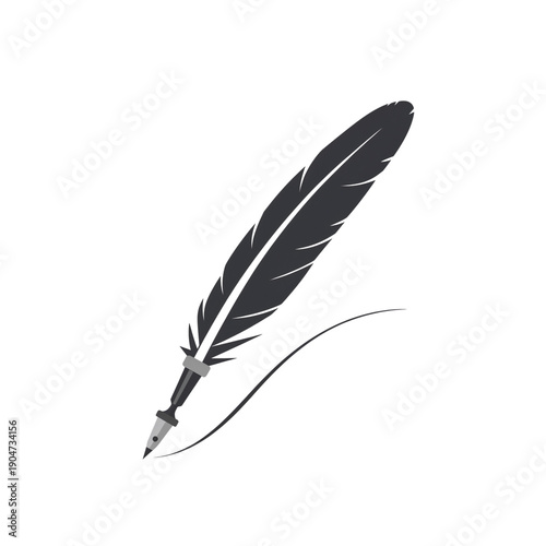 Elegant Black Feather Quill Pen Icon with Calligraphic Line Vector Art