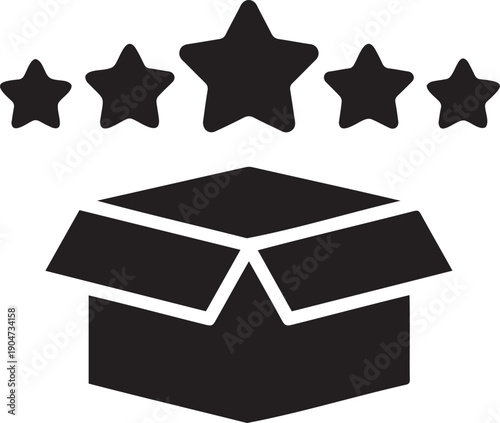 Open box with five stars above a simple graphic silhouette