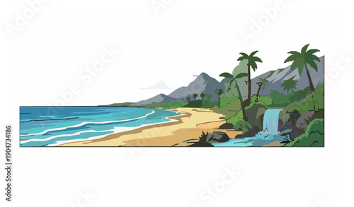 Panoramic tropical seaside landscape with palms rocks mountains and waterfall summer holiday vector illustration