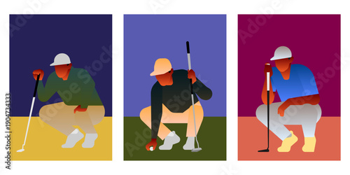A triptych of minimalist flat vector illustrations showing golfers in focused, crouching poses on the green, featuring bold color blocks and smooth gradients.