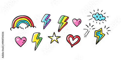 A vibrant collection of colorful cartoon weather and heart symbols Vector