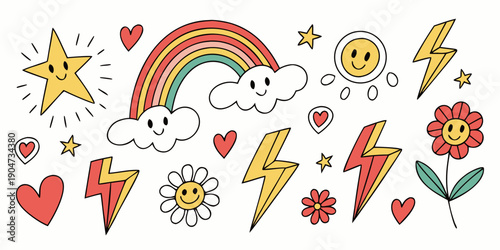 A vibrant and colorful illustration of various shapes and symbols floating in the sky. Vector