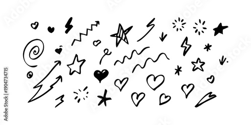 A collection of various doodles and symbols including hearts, stars, and lightning bolts. Vector