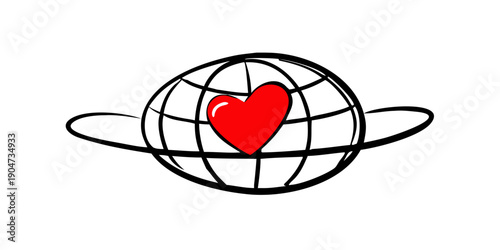 A heart-shaped symbol encircled by a globe with orbiting rings. Vector