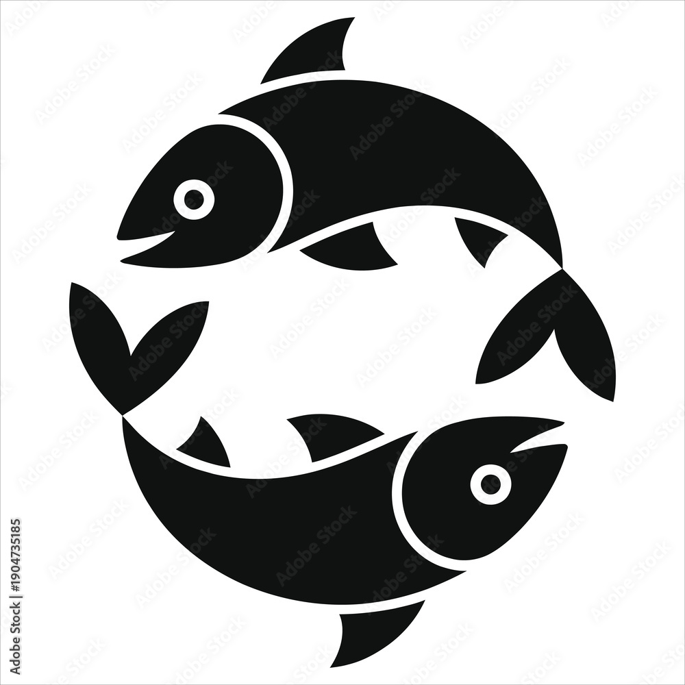 Obraz premium Pisces Zodiac Vector Silhouette Two Fish Astrology Symbol Horoscope Sign Black White Graphic Design Isolated Spiritual Star Constellation Mythology Water Element Birthday Astrological Icon Template