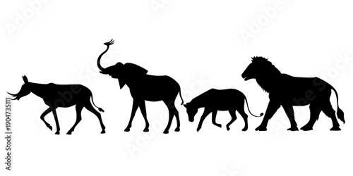 Four african animals walking in a line against a white background Vector