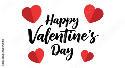 Happy Valentine s Day Calligraphy Text with Red Hearts on White Background Perfect for Romantic Greetings and Celebrations