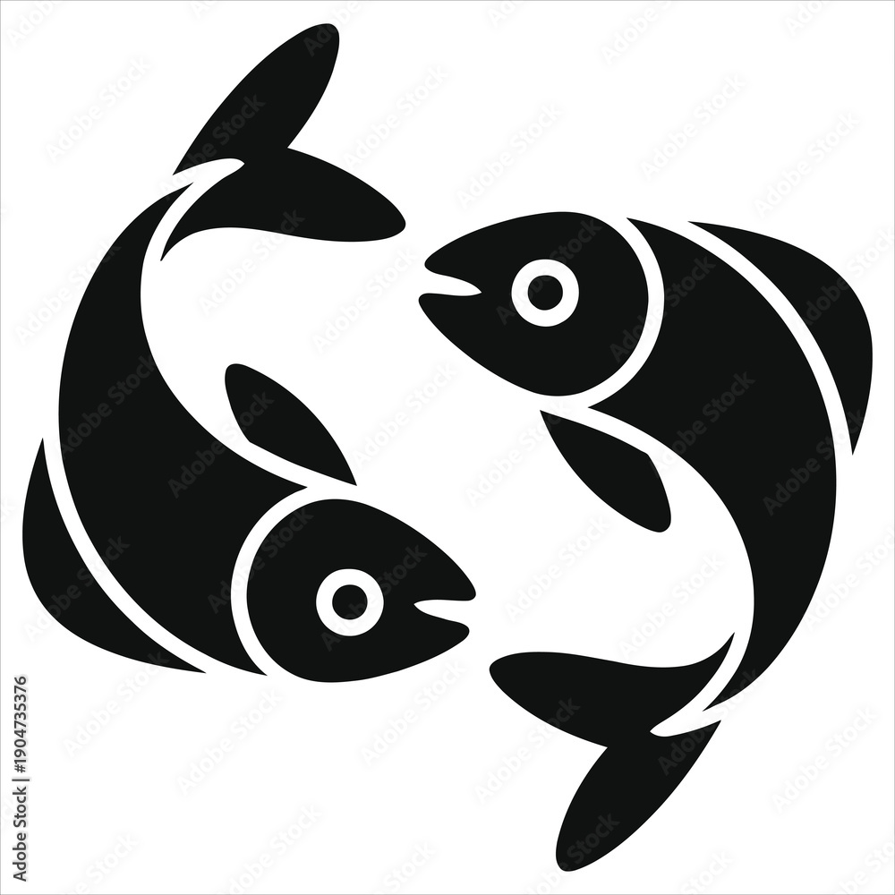 Obraz premium Pisces Zodiac Sign Silhouette Illustration. Two Fish Swimming in a Circle Horoscope Symbol. Minimalist Black and White Astrological Vector Icon for Spirituality, Mysticism, and Water Element Designs.