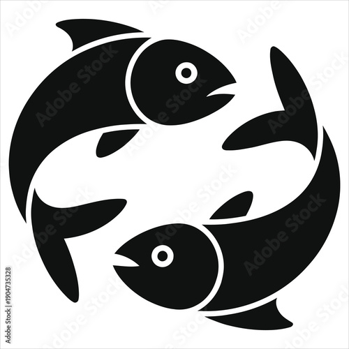 Pisces Zodiac Sign Vector Silhouette, Two Fish Astrology Symbol, Black Graphic Icon for Horoscope, Constellation Logo Design, Spiritual Water Sign Illustration Isolated on White Background, Mystical 