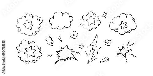 Various types of clouds and explosions in a simple line drawing style Vector