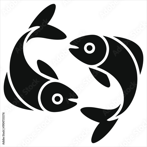 Pisces Zodiac Sign Silhouette Illustration. Two Fish Swimming in a Circle Horoscope Symbol. Minimalist Black and White Astrological Vector Icon for Spirituality, Mysticism, and Water Element Designs.